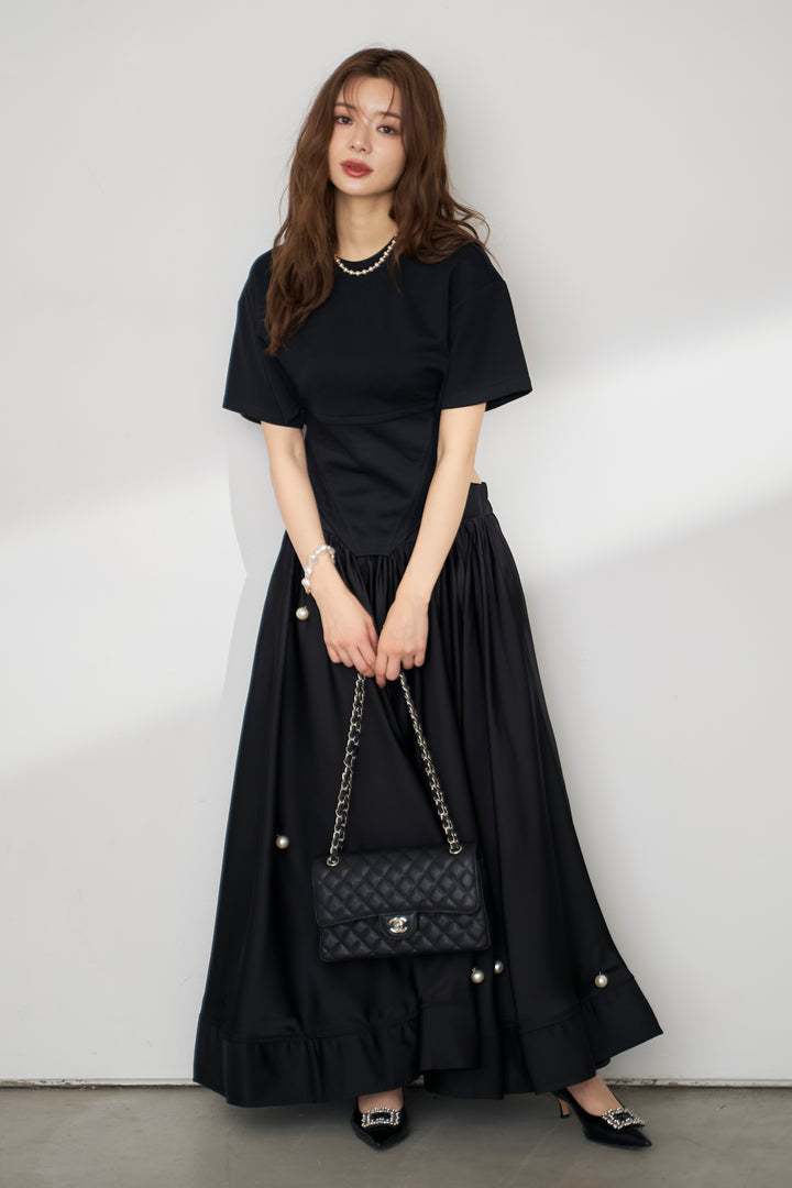 [予約/SET]バックレースアップTシャツ+ビッグパールデコレーションボリュームフレアスカート(2set)