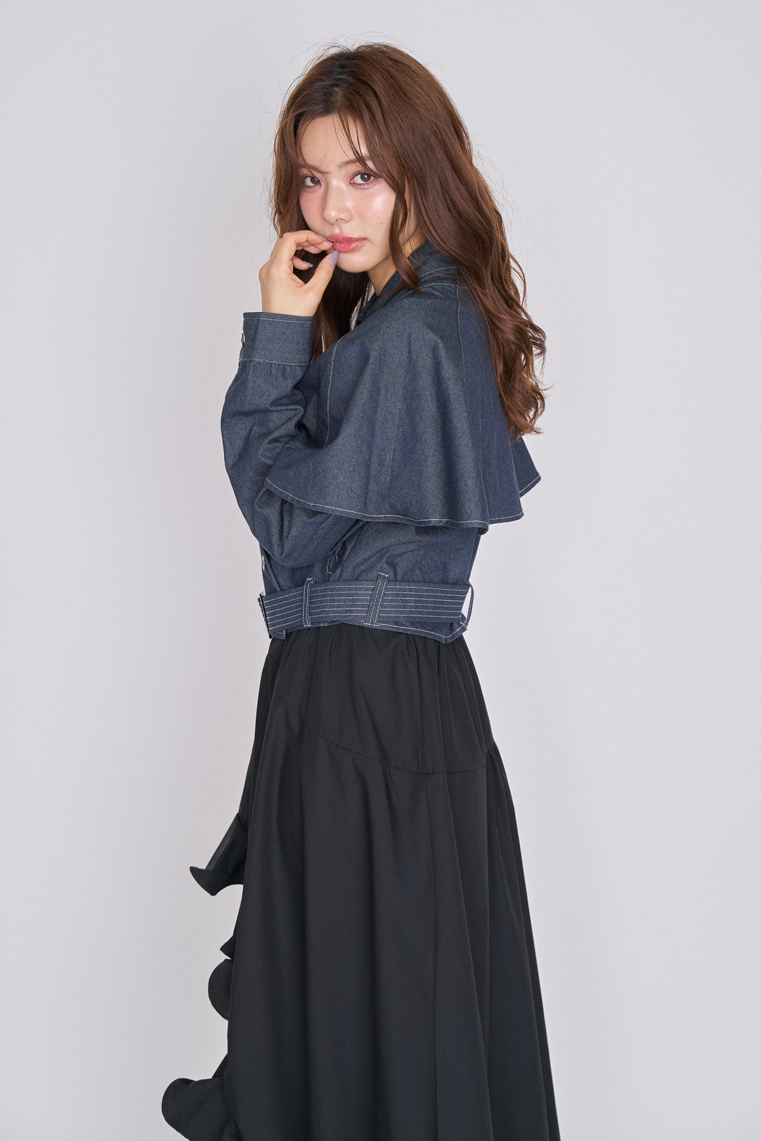 [予約/SET]ステッチデニムケープショートジャケット+ラッフルフリルヘムアシメスカート(2set)