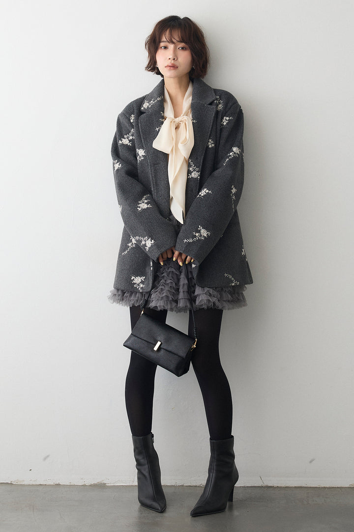 [予約/SET]前後2wayリボンシアーブラウス+フラワーエンブロイダリーモッサジャケット+ホイップチュールミニ丈スカート(3set)