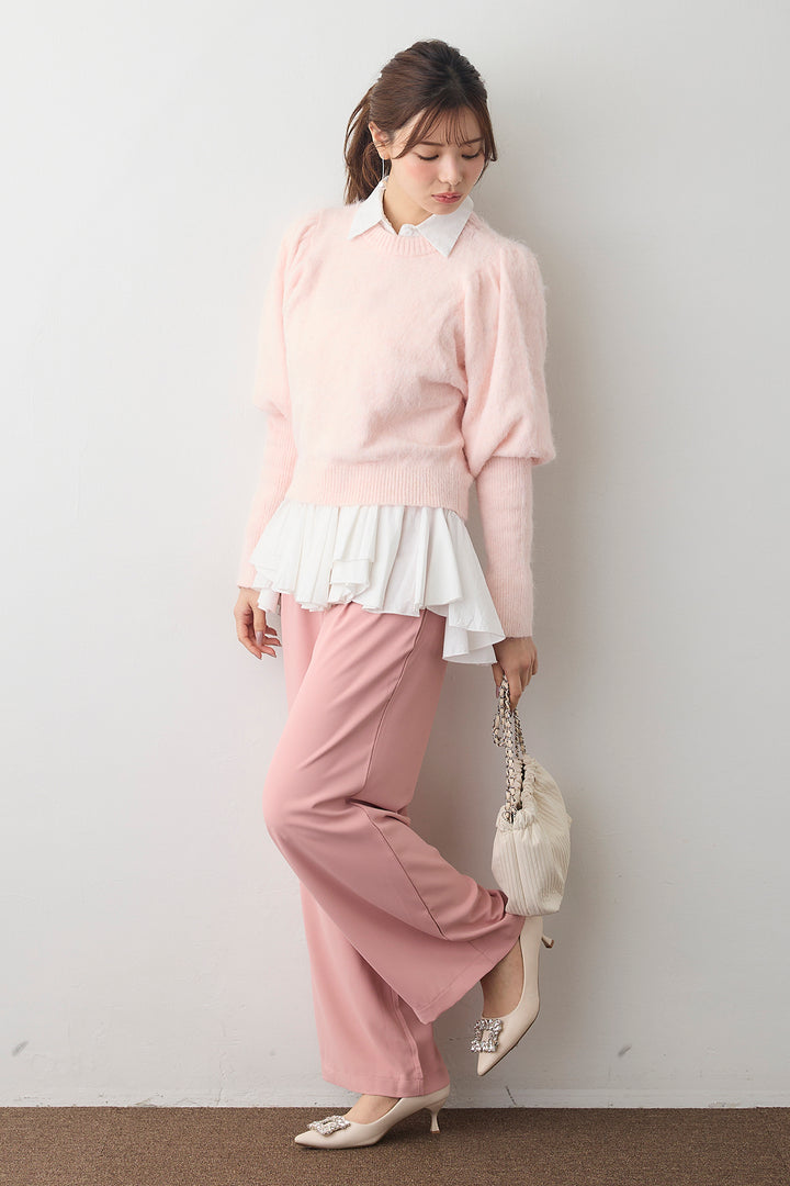 [予約/SET]モヘアパフスリーブプルオーバー+パネルフレアヘムシャツ+とろみドロストワイドパンツ(3set)