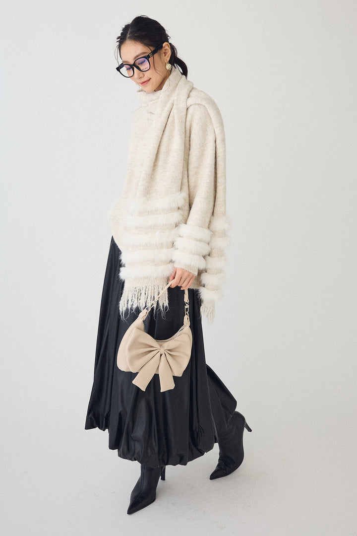 [予約/SET]マフラー付きファーラインデザインニットカーデ+レザーライクバルーンスカート(2set)