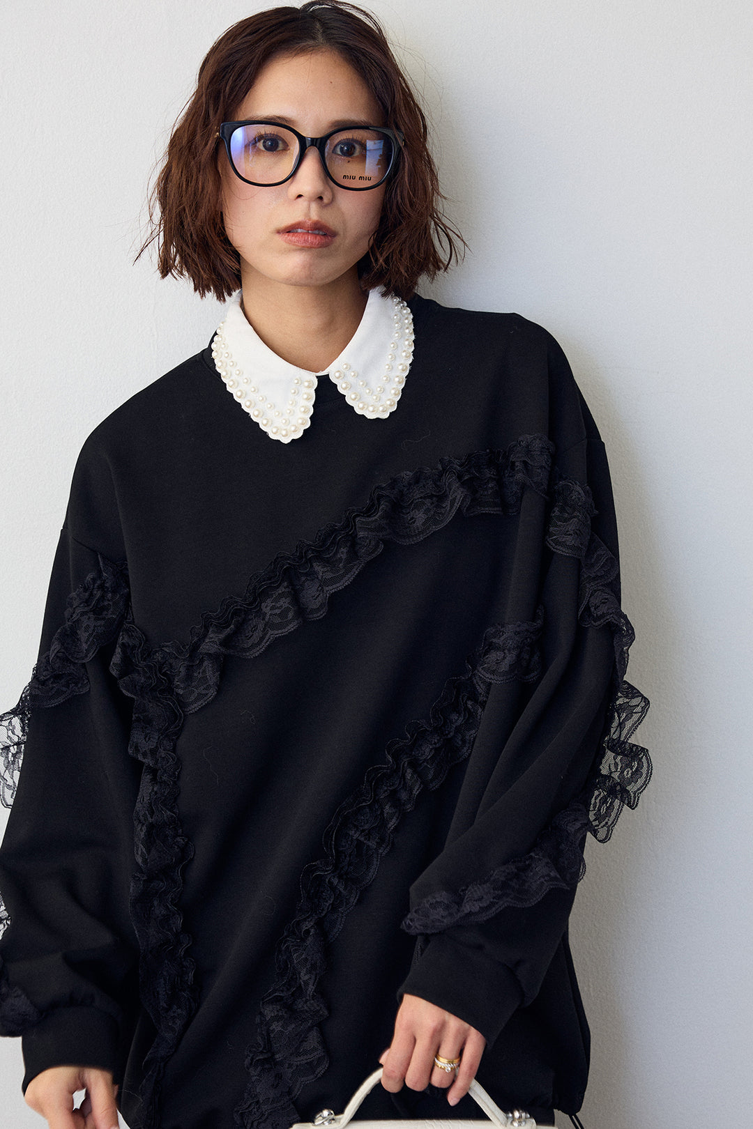 [予約/SET]2連パール付け襟+レースフリルランダムラインスウェット+センターシームランダムパールパンツ(3set)