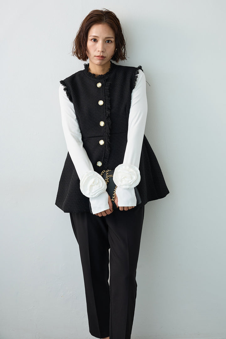 [予約/SET]フラワーモチーフポイントカットトップス+ツイードペプラム美フォルムジレ+タックテーパードパンツ(3set)