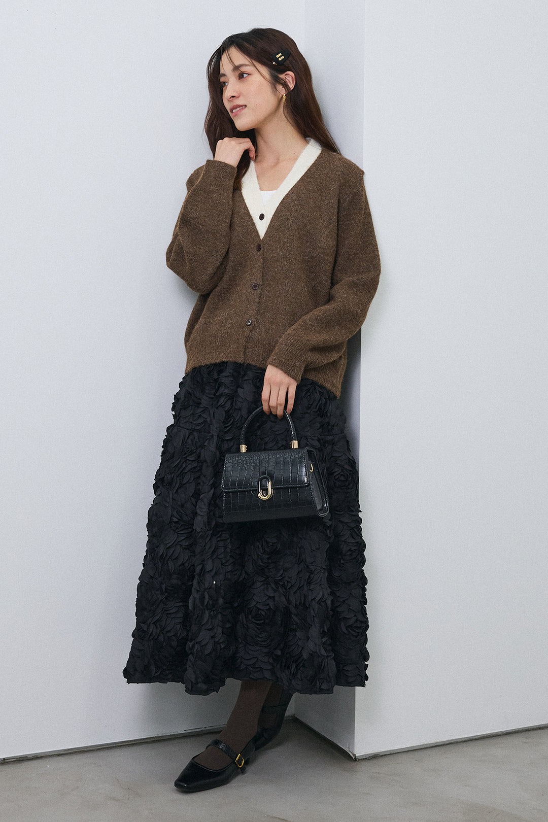 [予約/SET]配色レイヤードニットカーデ+ローズフラワー立体フレアスカート(2set)