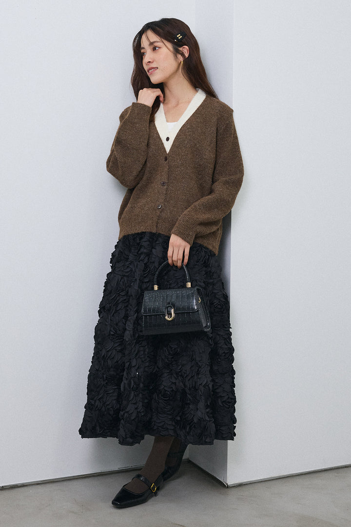 [予約/SET]配色レイヤードニットカーデ+ローズフラワー立体フレアスカート(2set)