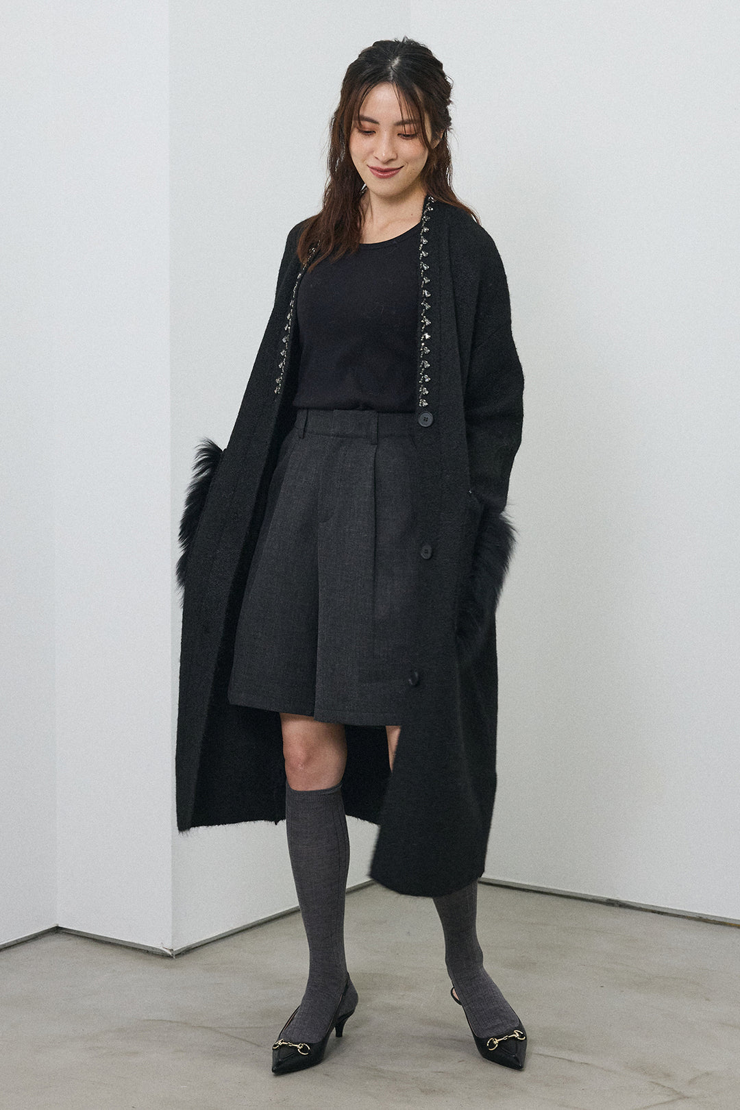 [予約/SET]ファーポケットロングニットカーデ+ウールタッチセンタープレスハーフパンツ(2set)
