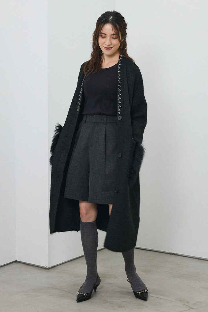 [予約/SET]ファーポケットロングニットカーデ+ウールタッチセンタープレスハーフパンツ(2set)