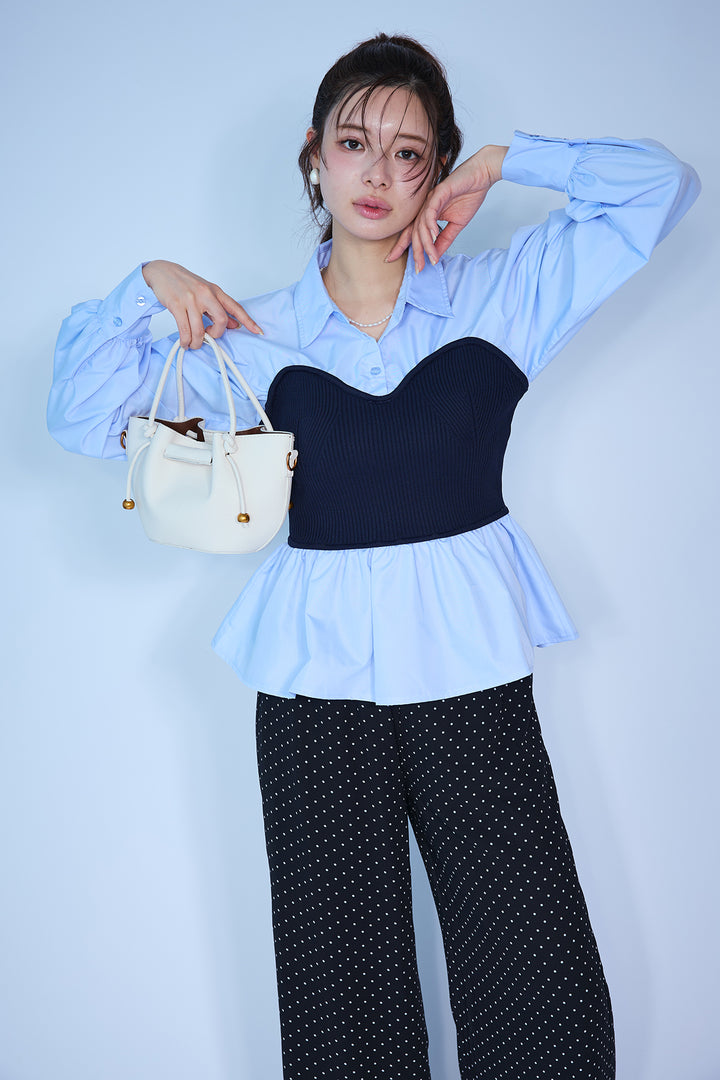 [予約/SET]ビスチェニットドッキングペプラムブラウス+シアードットリラックスパンツ(2set)