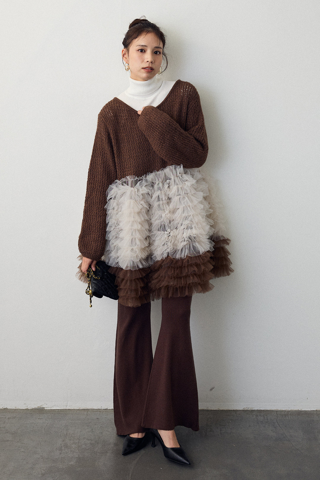 [予約/SET]ホイップチュールドッキングニットワンピ+リブストレッチフレアニットパンツ(2set)