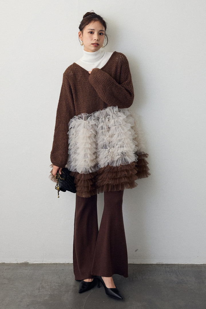 [予約/SET]ホイップチュールドッキングニットワンピ+リブストレッチフレアニットパンツ(2set)