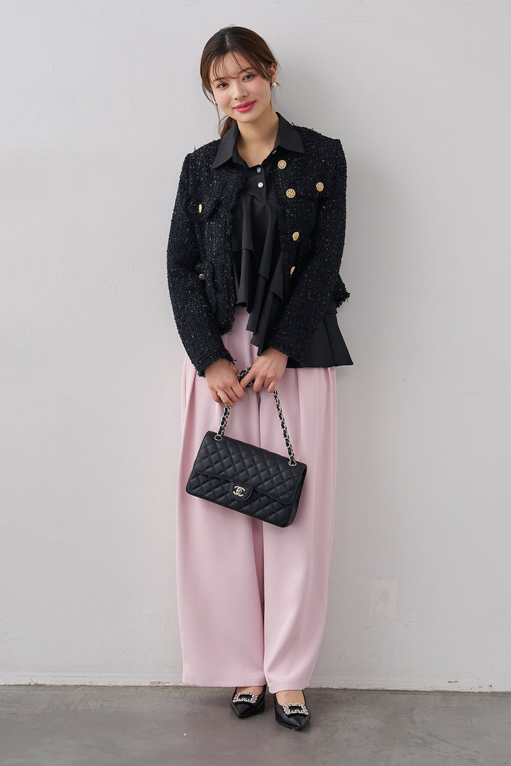 [予約/SET]アシメフリルティアードシャツ+フリンジツイードゴールドボタンジャケット+エステルツイルタックワイドカラーパンツ(3set)