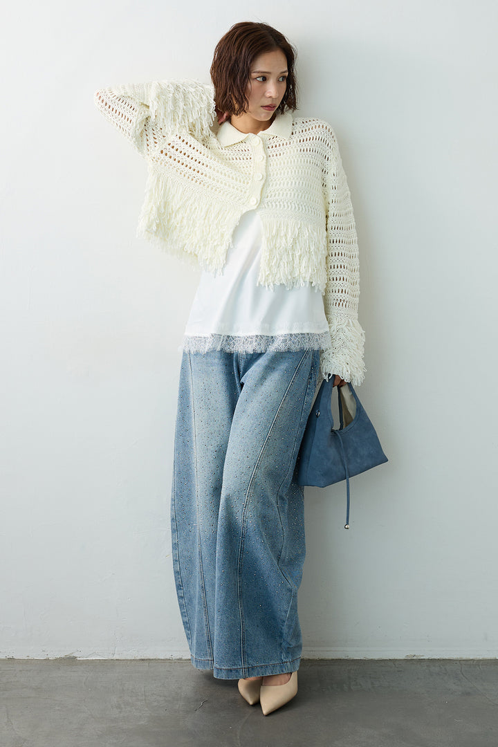 [予約/SET]メッシュフリンジクロップドニット+スパークルラインストーンカーブデニム(2set)