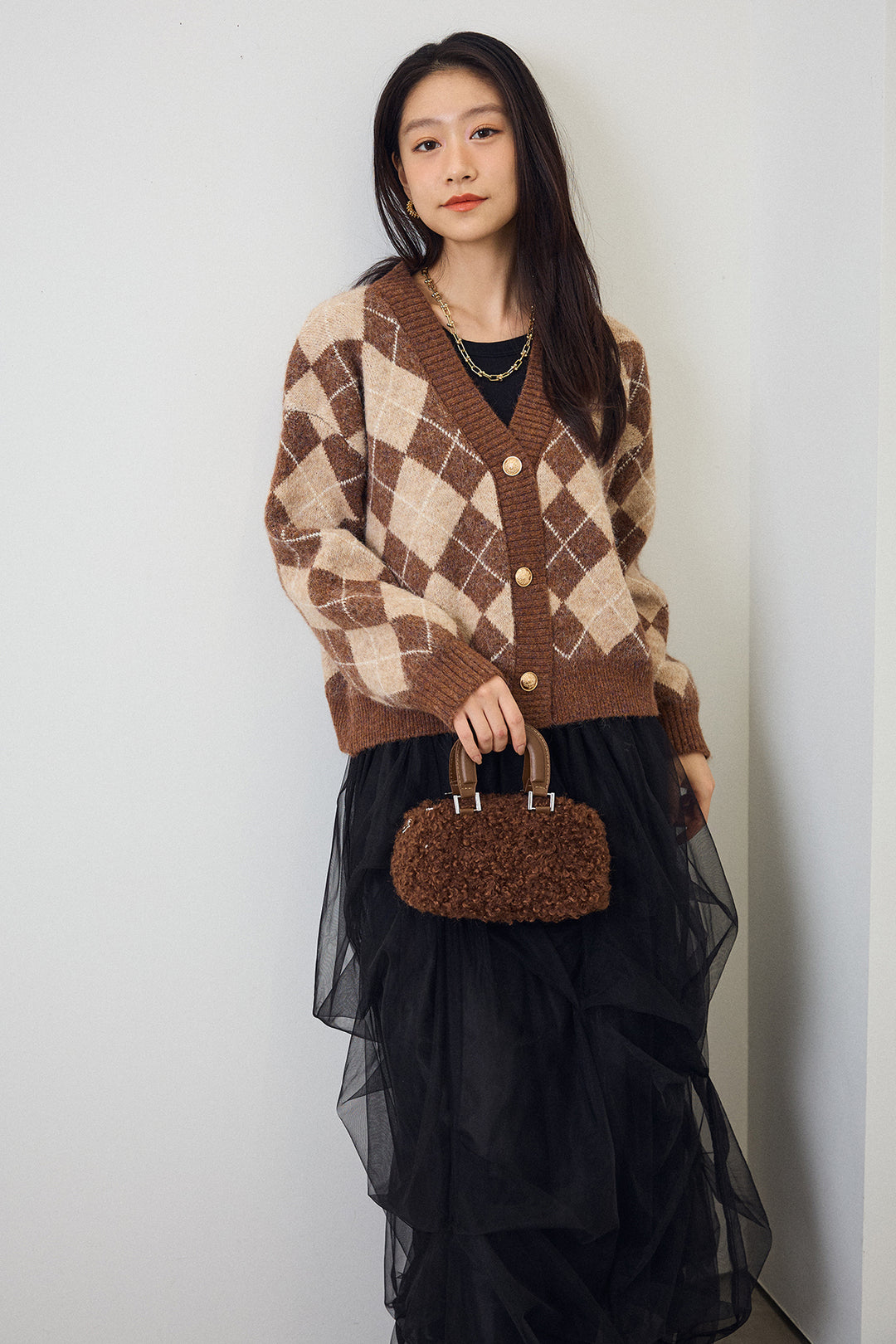 [予約/SET]アーガイル柄ゴールドボタンニットカーデ+マルチパターンタックチュールスカート(2set)