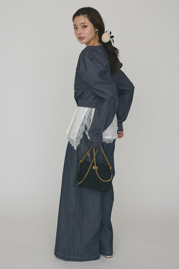 [予約/SET]マットサテンレースキャミソール+ステッチパフスリーブクロップドジャケット+ステッチデザインハイウエストデニムパンツ(3set)