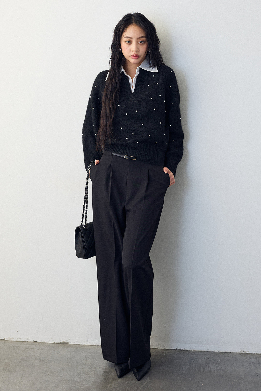 [予約/SET]シャツ襟ラインストーンニットPO+ポイントベルトセットストレートワイドパンツ(2set)