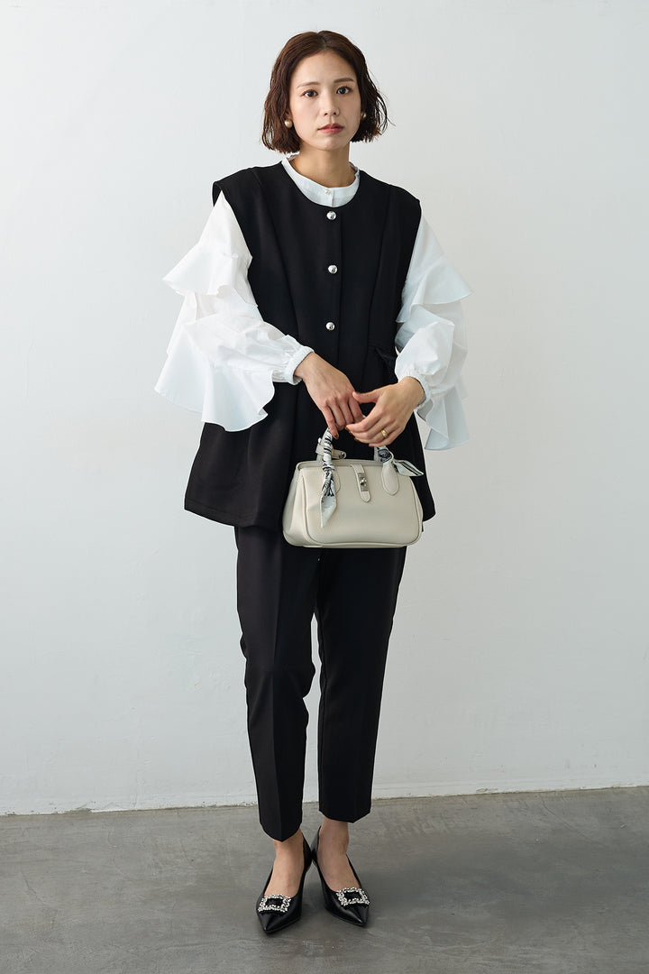 [予約/SET]ティアードフリルスリーブパールボタンブラウス+ペプラムラインシルバーボタンジレ+タックテーパードパンツ(3set)