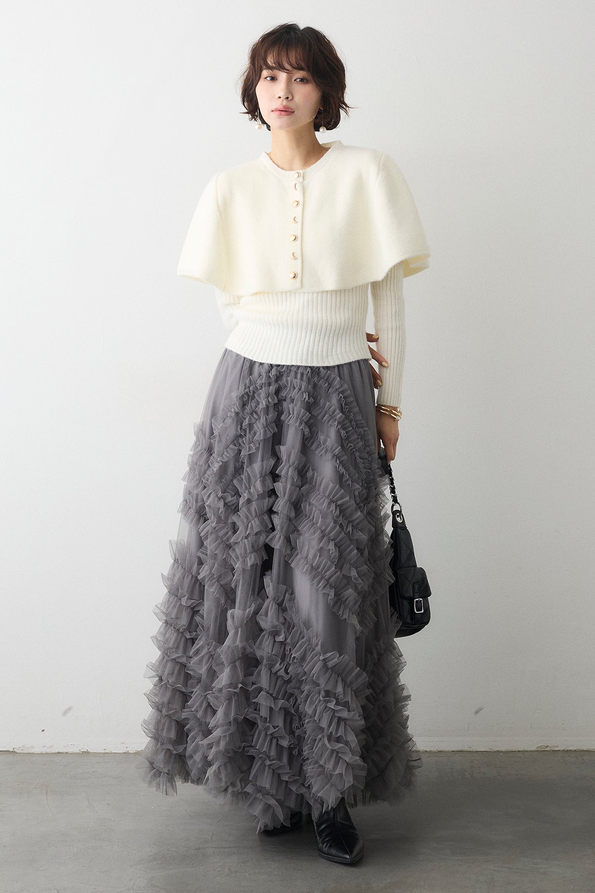 予約/SET]ミックス釦ケープ2wayニット+スフレアシメチュールスカート
