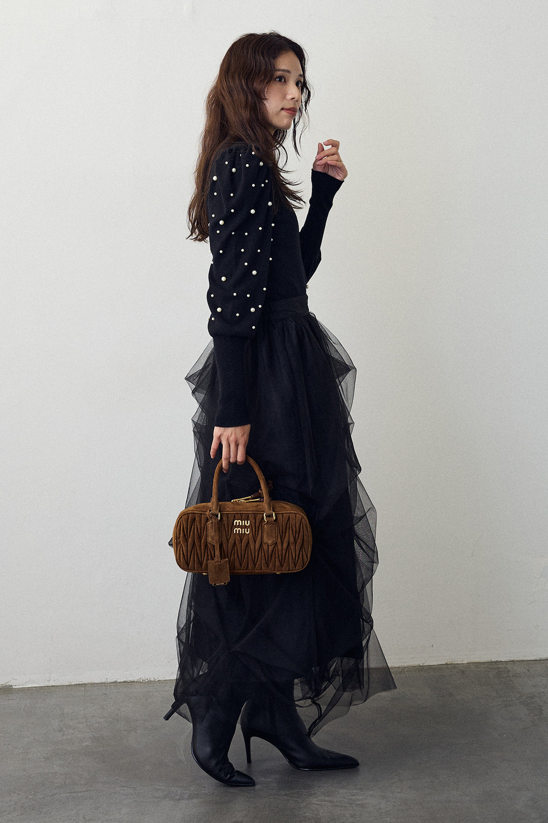 [予約/SET]パフスリーブランダムパールニット+マルチパターンタックチュールスカート(2set)