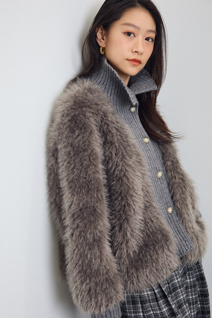 [予約/SET]シャギーファー×リブニットミックスジャケット+ハイウエストチェックセミワイドパンツ(2set)