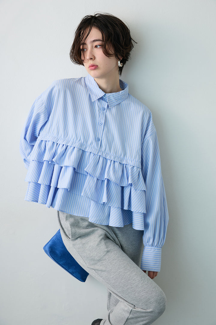[予約]ストライプティアードフリルクロップドシャツ