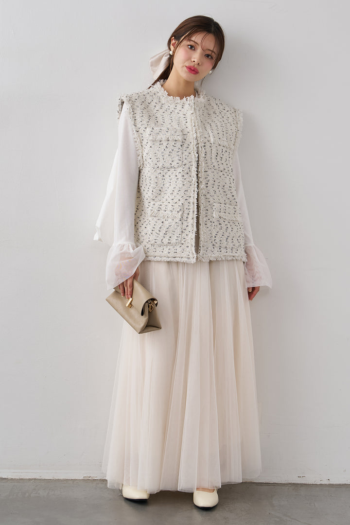 [予約/SET]チュールシアーカフスリブニット+異素材切り替えツイードベスト+エアリーチュールフレアスカート(3set)