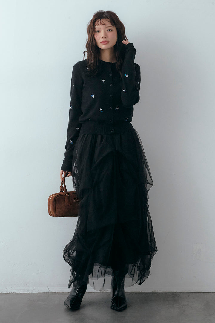 [予約/SET]ニュアンスフラワー刺繍クロップドニットカーデ+マルチパターンタックチュールスカート(2set)