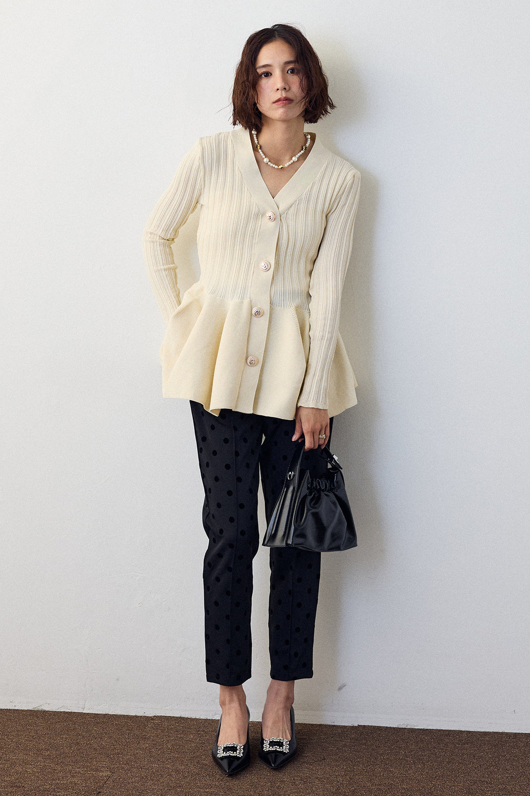 [予約/SET]リブ美ラインペプラムニット+ドット柄センターラインテーパードパンツ(2set)