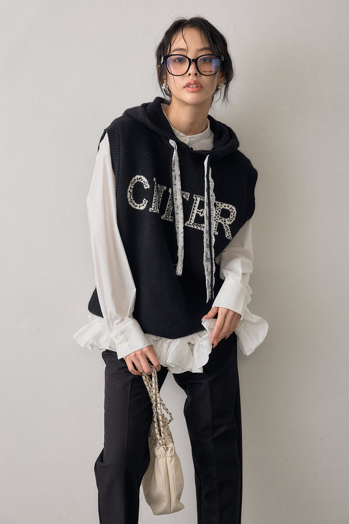 [予約/SET]レースリボンロゴフードスリーブレスニット+タックテーパードパンツ(2set)