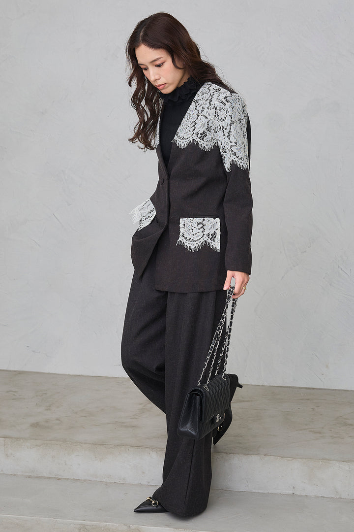 [予約/SET]ダブルフリルカラーニットプルオーバー+ショルダーレースデザインジャケット+ライトツイードタックパンツ(3set)