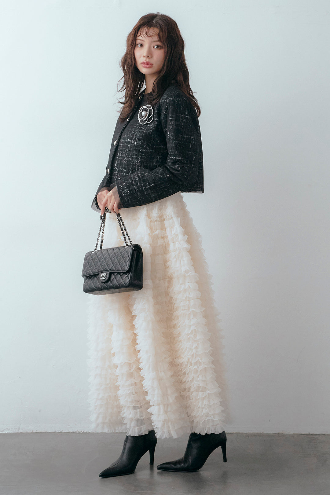 [予約/SET]ツイード×チュールレイヤードクロップドジャケット+ホイップチュールティアードスカート(2set)