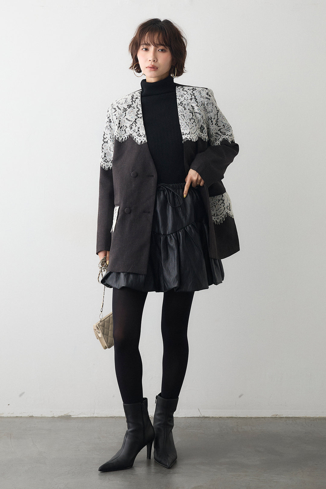 [予約/SET]ショルダーレースデザインジャケット+フェイクレザーティアードバルーンミニスカート(2set)