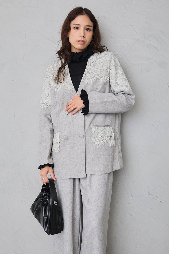 [予約/SET]ショルダーレースデザインジャケット+ライトツイードタックパンツ(2set)