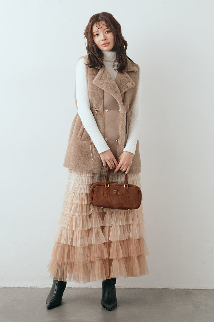 [予約/SET]ベーシックリブタートルニット+テディボアウエストドロストベスト+グラデーションチュールティアードスカート(3set)