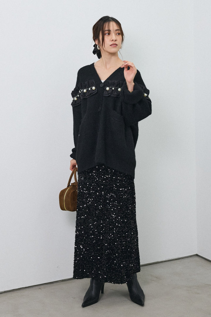 [予約/SET]フリルパールドッキングニットコーディガン+スパンコールシャイニースカート(2set)