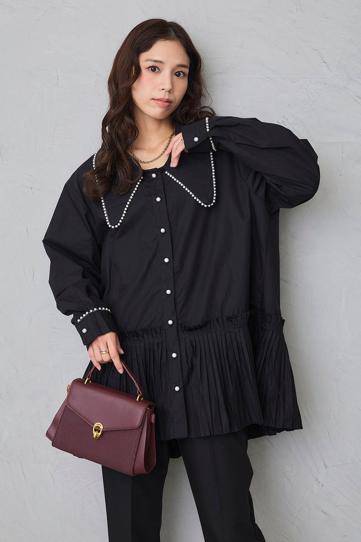 [予約]パールライン襟×プリーツシャツ