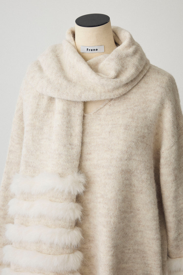 [予約]マフラー付きファーラインデザインニットカーデ