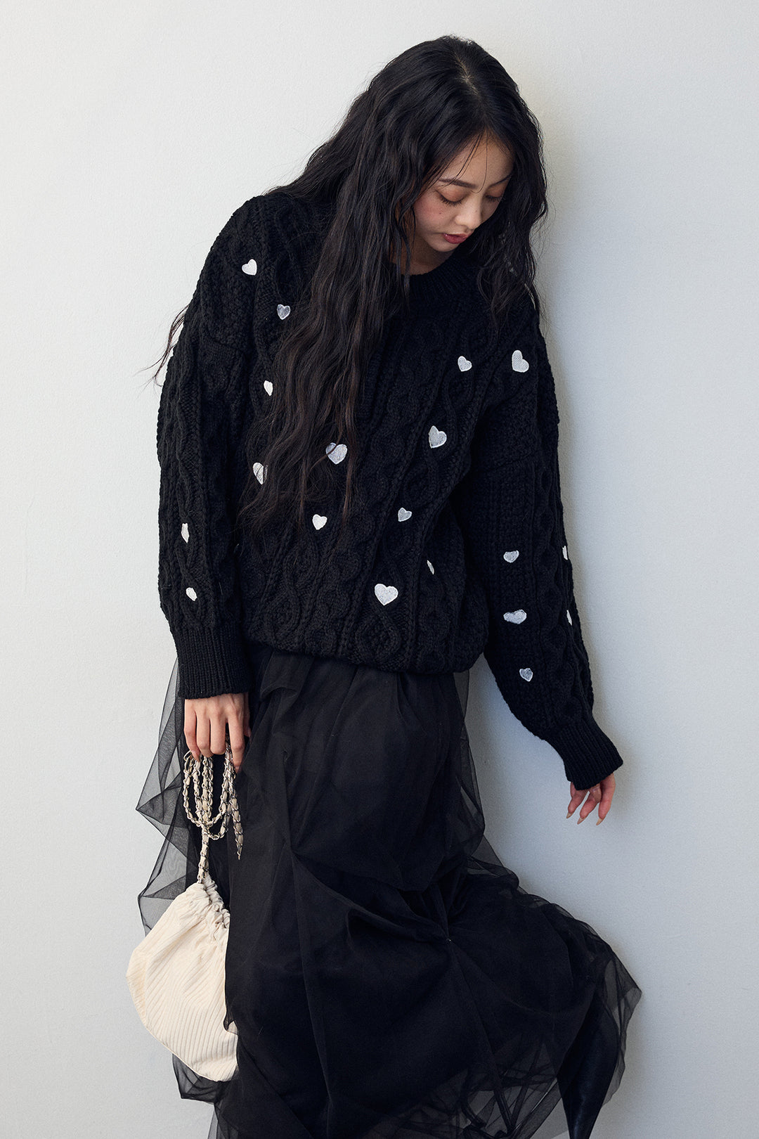 [予約/SET]ハート刺繍ケーブルデザインニット+マルチパターンタックチュールスカート(2set)