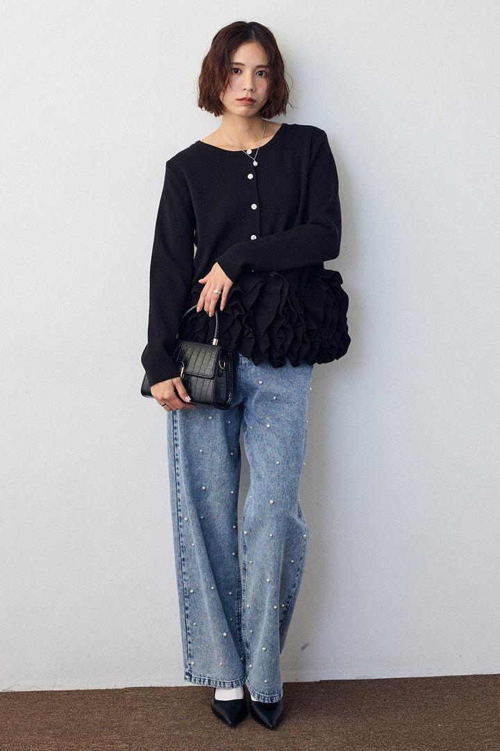 [予約/SET]フリルホイップニットカーディガン+パールスタッズストレートハイウエストデニム(2set)