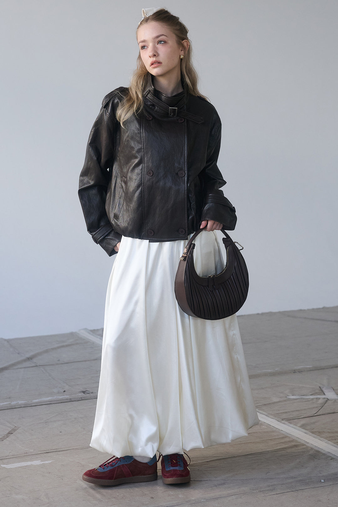 [予約/SET]レザーライククロップドジャケット+サテンシャイニーバルーンスカート(2set)