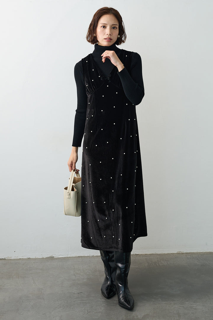 [予約]ベロアパールVネックロングワンピ