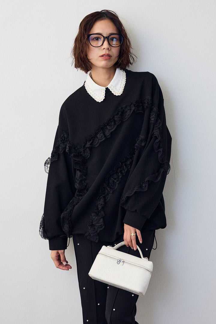 [予約/SET]レースフリルランダムラインスウェット+センターシームランダムパールパンツ(2set)