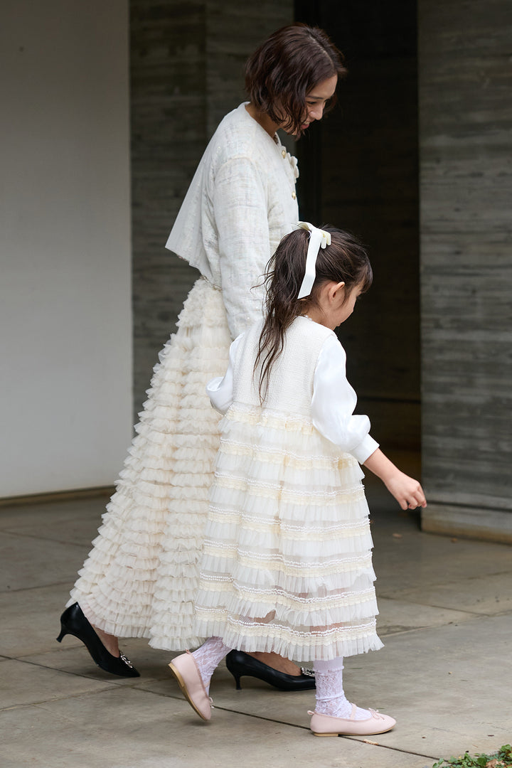 [予約/親子SET][kids]ティアードプリーツパールワンピセット+ツイード×チュールレイヤードクロップドジャケット+ホイップチュールティアードスカート(3set)