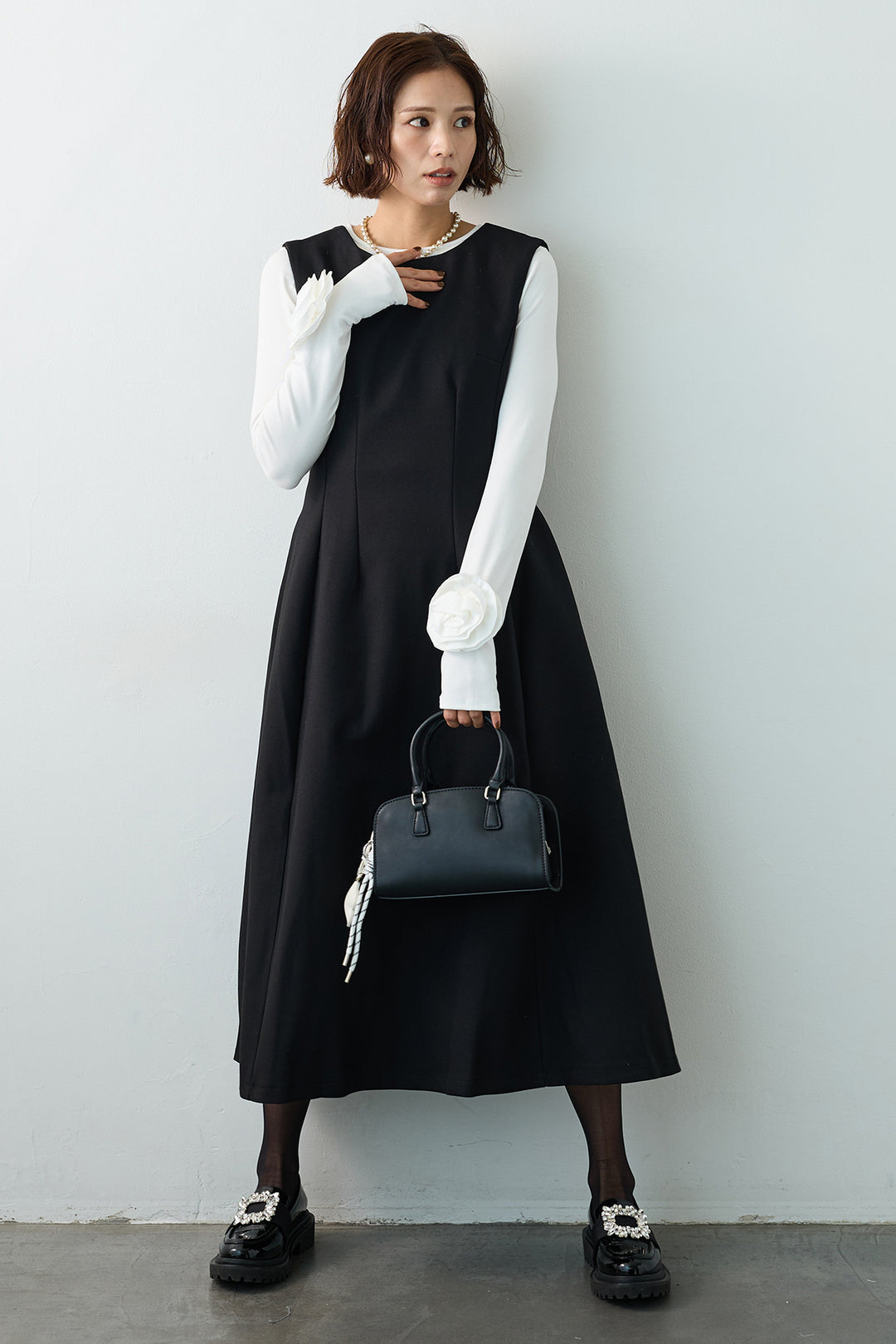 [予約/SET]フラワーモチーフポイントカットトップス+プリンセスラインフレアワンピース(2set)