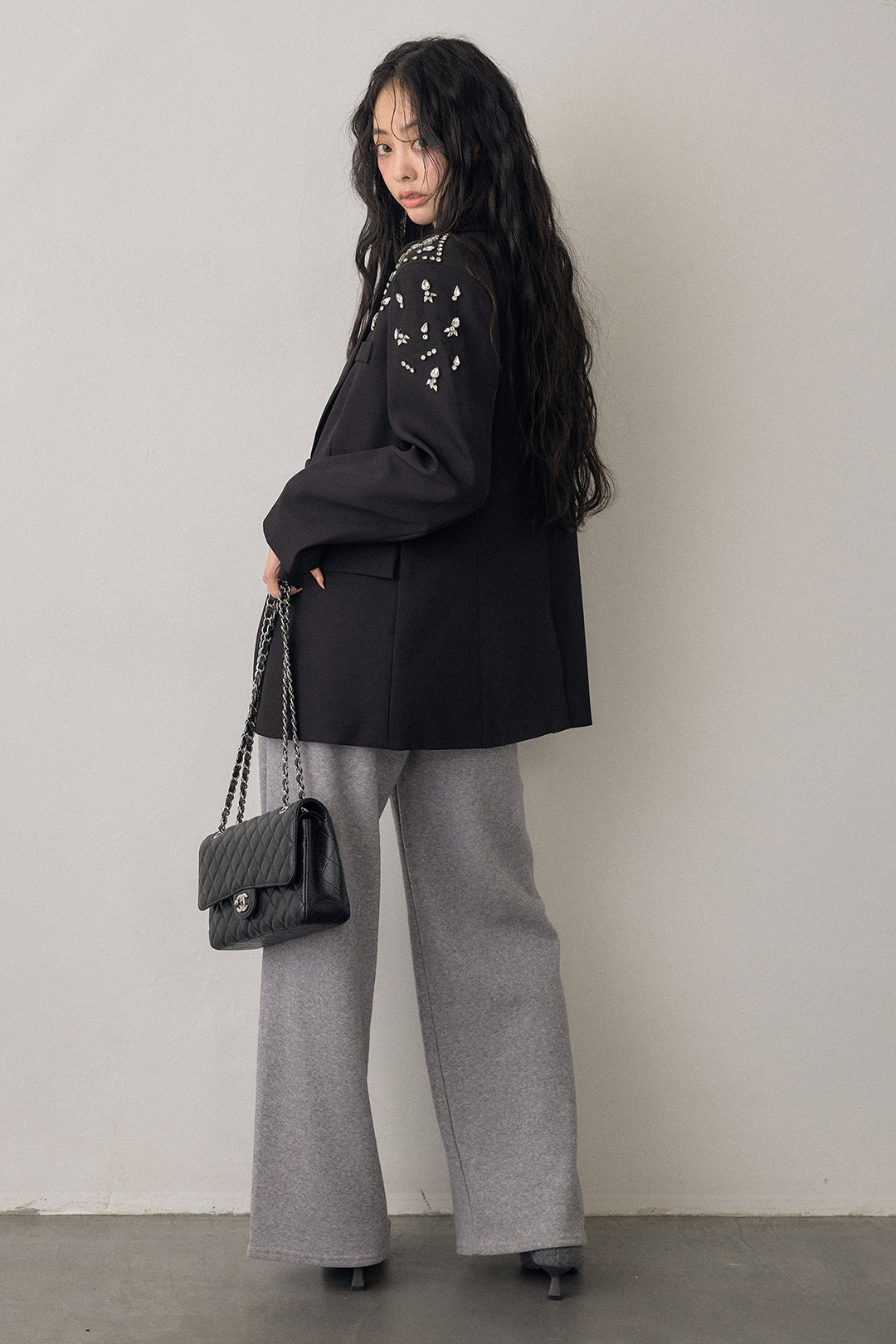 [予約/SET]ショルダービジューマニッシュジャケット+ウォームタッチイージーパンツ(2set)