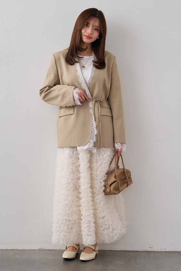 [予約/SET]カシュクールレースドッキングジャケット+パール付きホイップチュールスカート(2set)