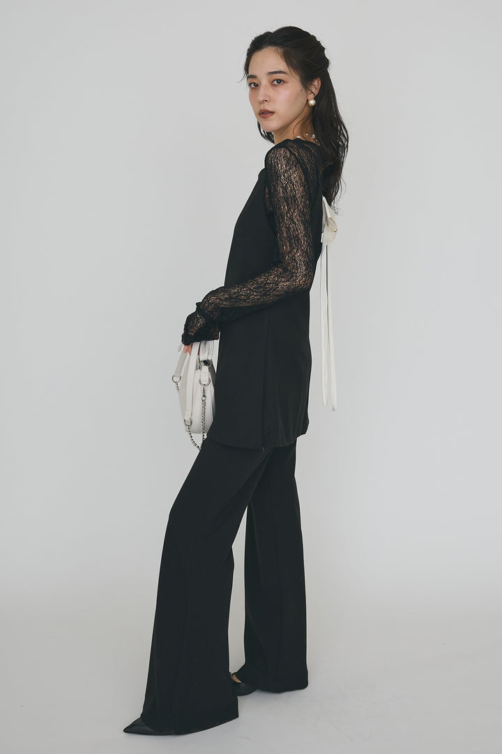 [予約/SET]ストレッチ繊細レーストップス+バックリボン美シルエットキャミチュニック+美脚セミフレアパンツ(3set)