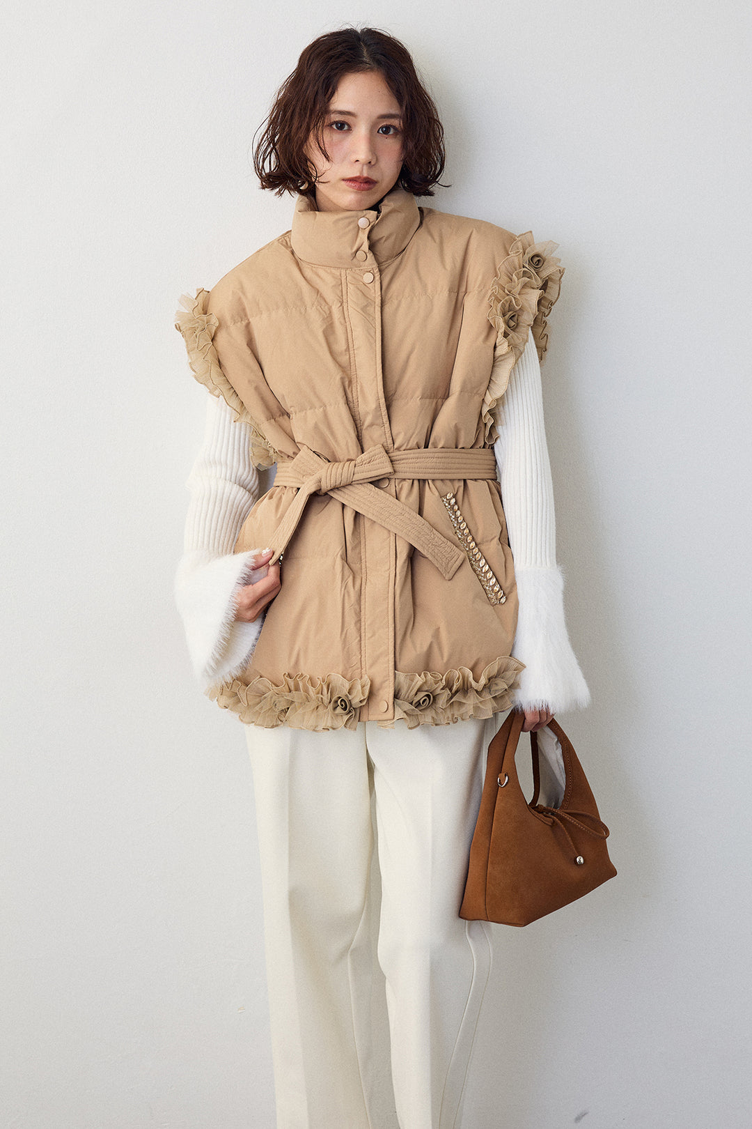 [予約/SET]フェザー切替スリーブフレアニット+フリルチュールスリーブ美ラインベスト(2set)