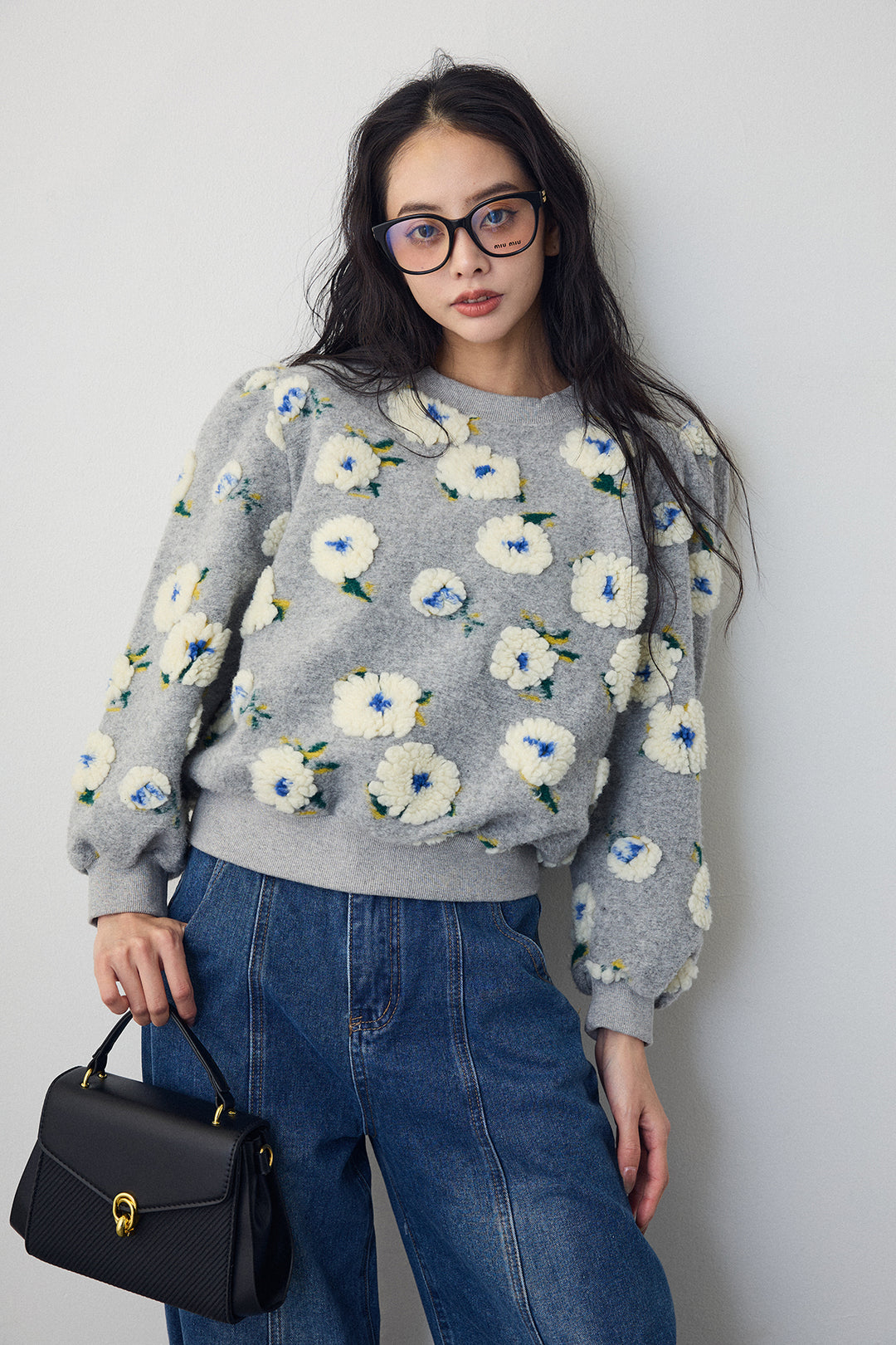 [予約/SET]ボアフラワーモチーフニット+ステッチ美ラインカーブデニムパンツ(2set)