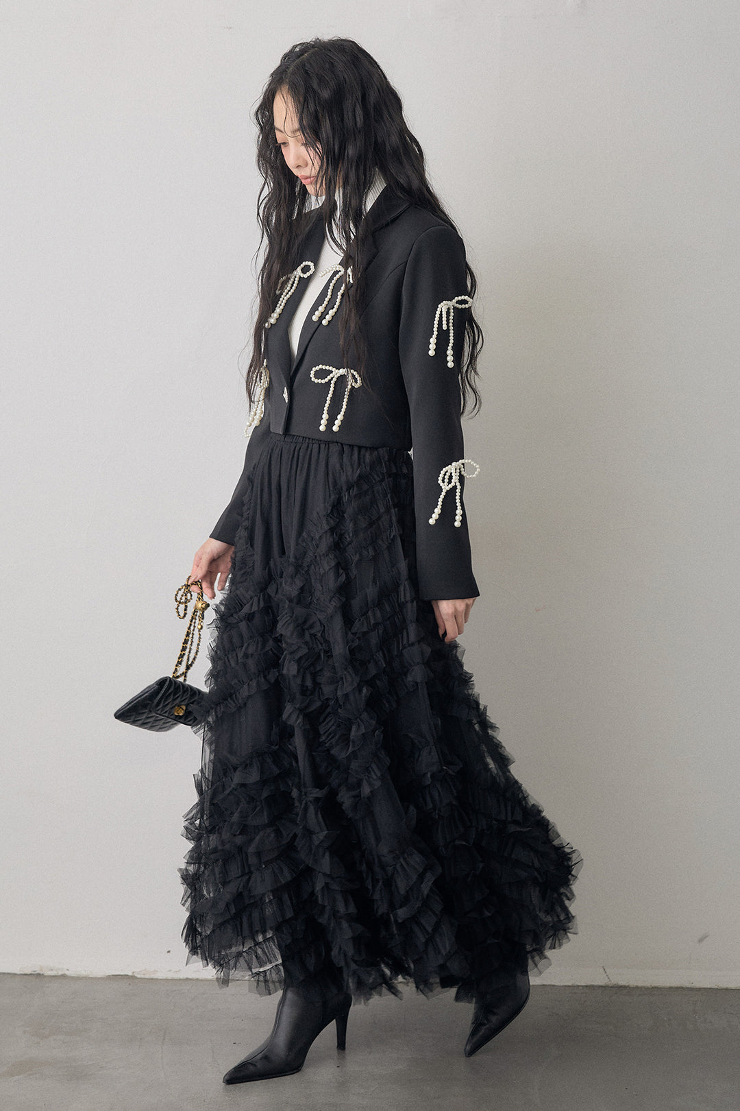 [予約/SET]ベーシックリブタートルニット+パールリボンクロップドジャケット+スフレアシメチュールスカート(3set)