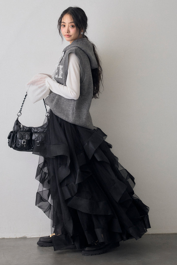 [予約/SET]レースリボンロゴフードスリーブレスニット+ランダムフリルティアードボリュームスカート(2set)